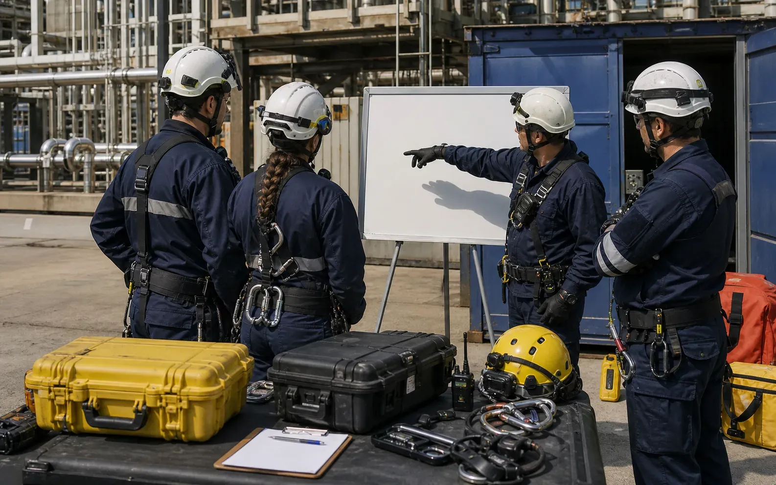 Equipo técnico coordinando una secuencia de acción en terreno industrial