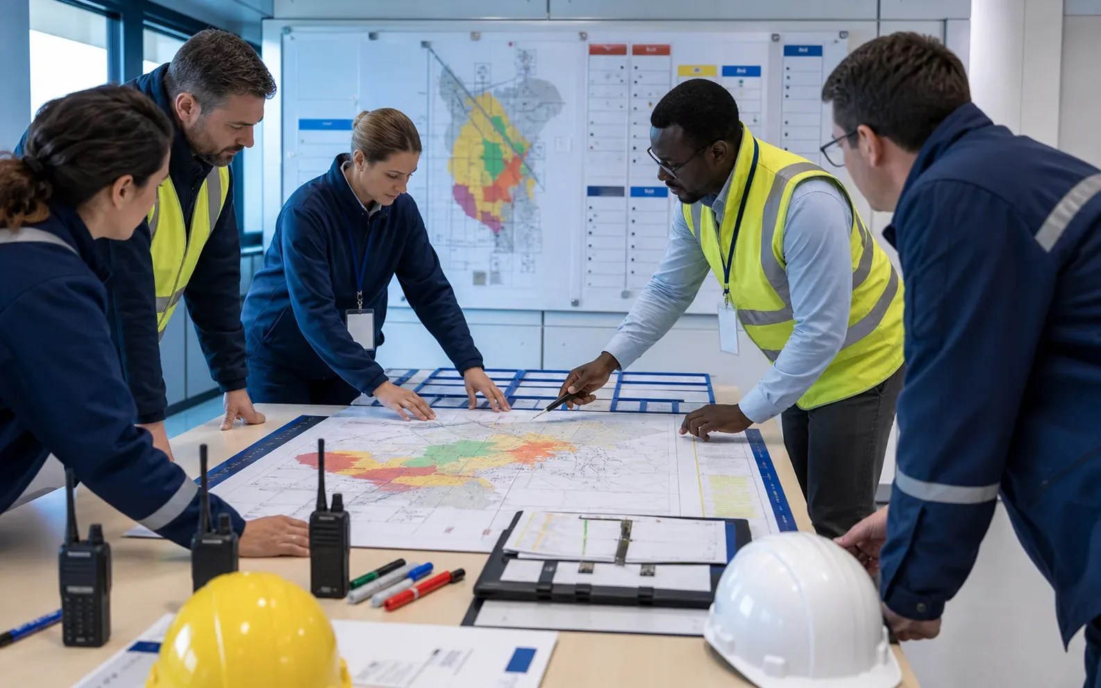 Profesionales revisando mapas de riesgo y planificación de respuesta ante emergencias