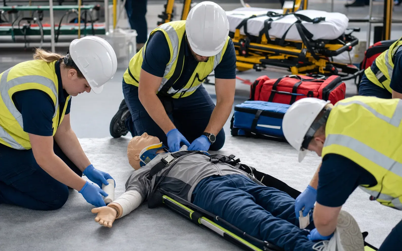 Participantes practicando atención prehospitalaria y estabilización con maniquí de entrenamiento