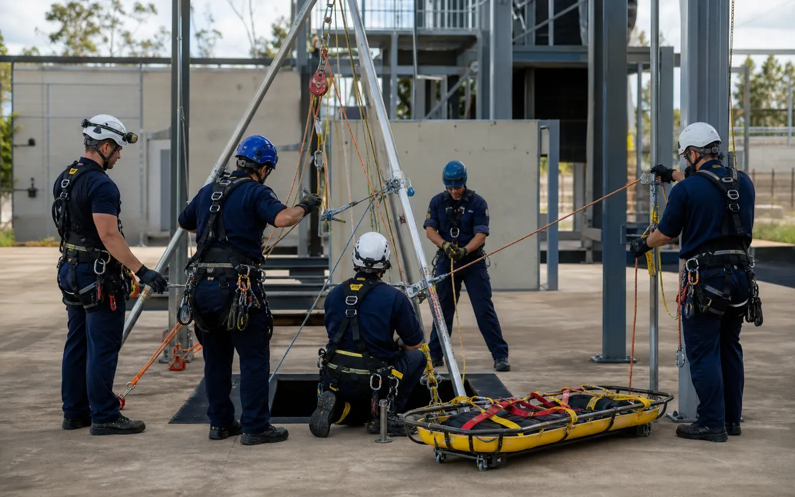 Equipo de rescate técnico entrenando con cuerdas, trípode y camilla