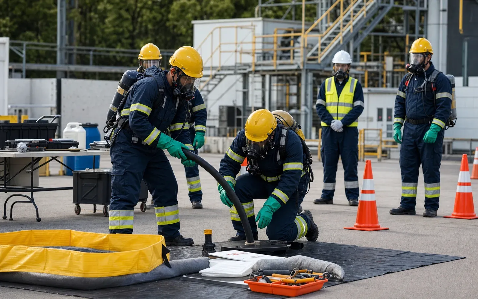Equipo industrial realizando entrenamiento operativo de respuesta a emergencias